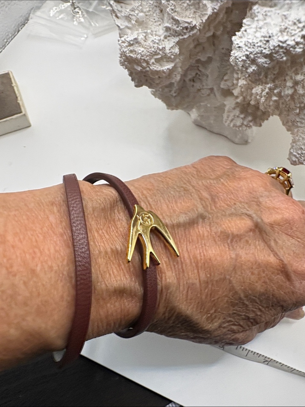 Alexander McQueen Gold Swallow Charm Burgundy Wrap Bracelet